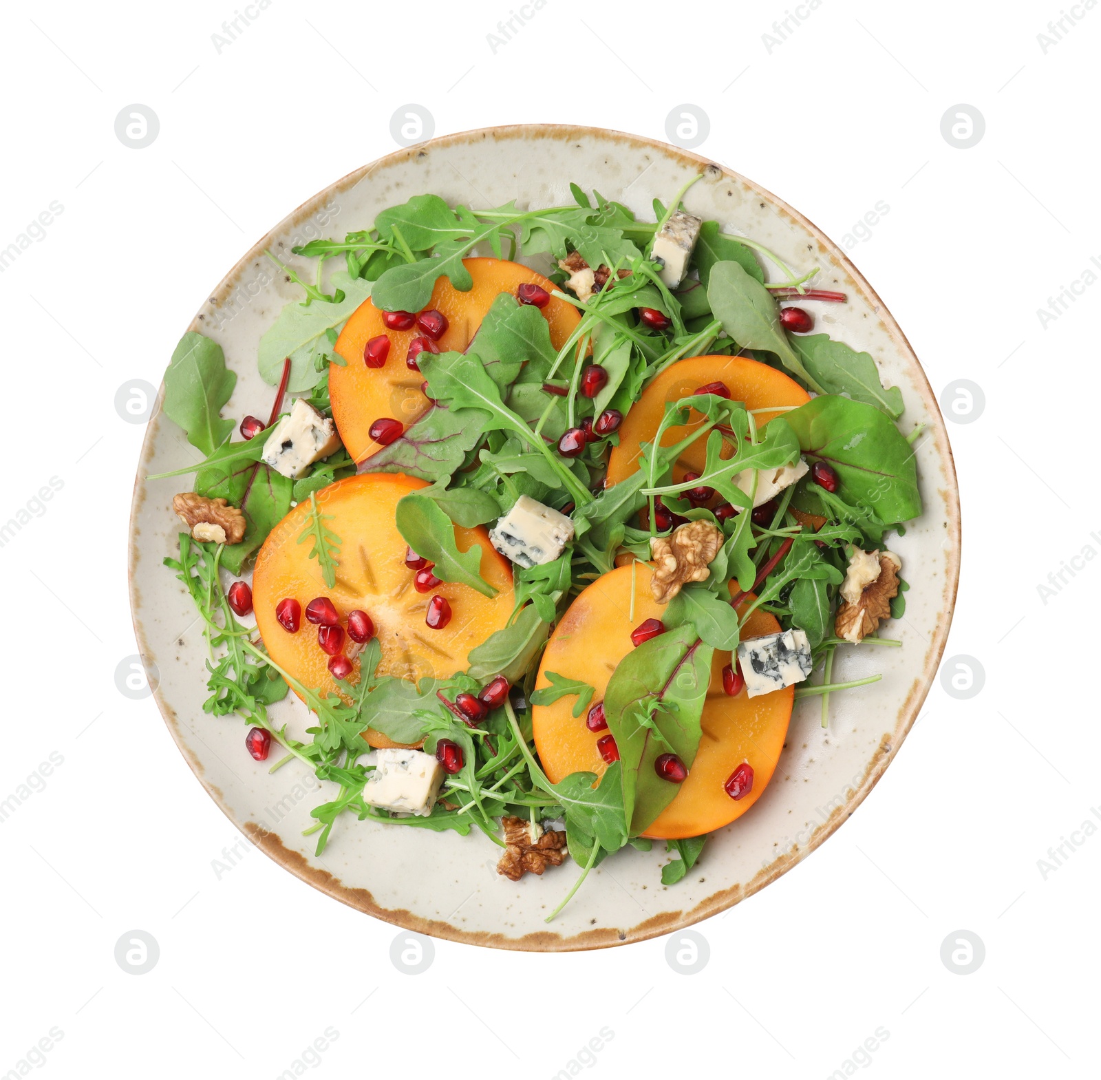 Photo of Tasty salad with persimmon, blue cheese, pomegranate and walnuts isolated on white, top view