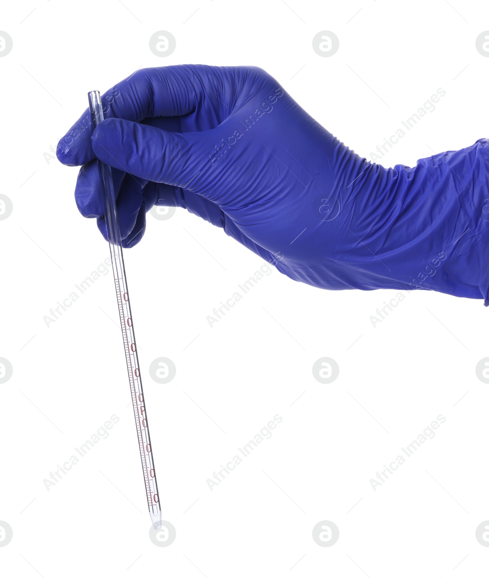 Photo of Scientist with Mohr's pipette on white background, closeup