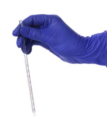 Scientist with Mohr's pipette on white background, closeup