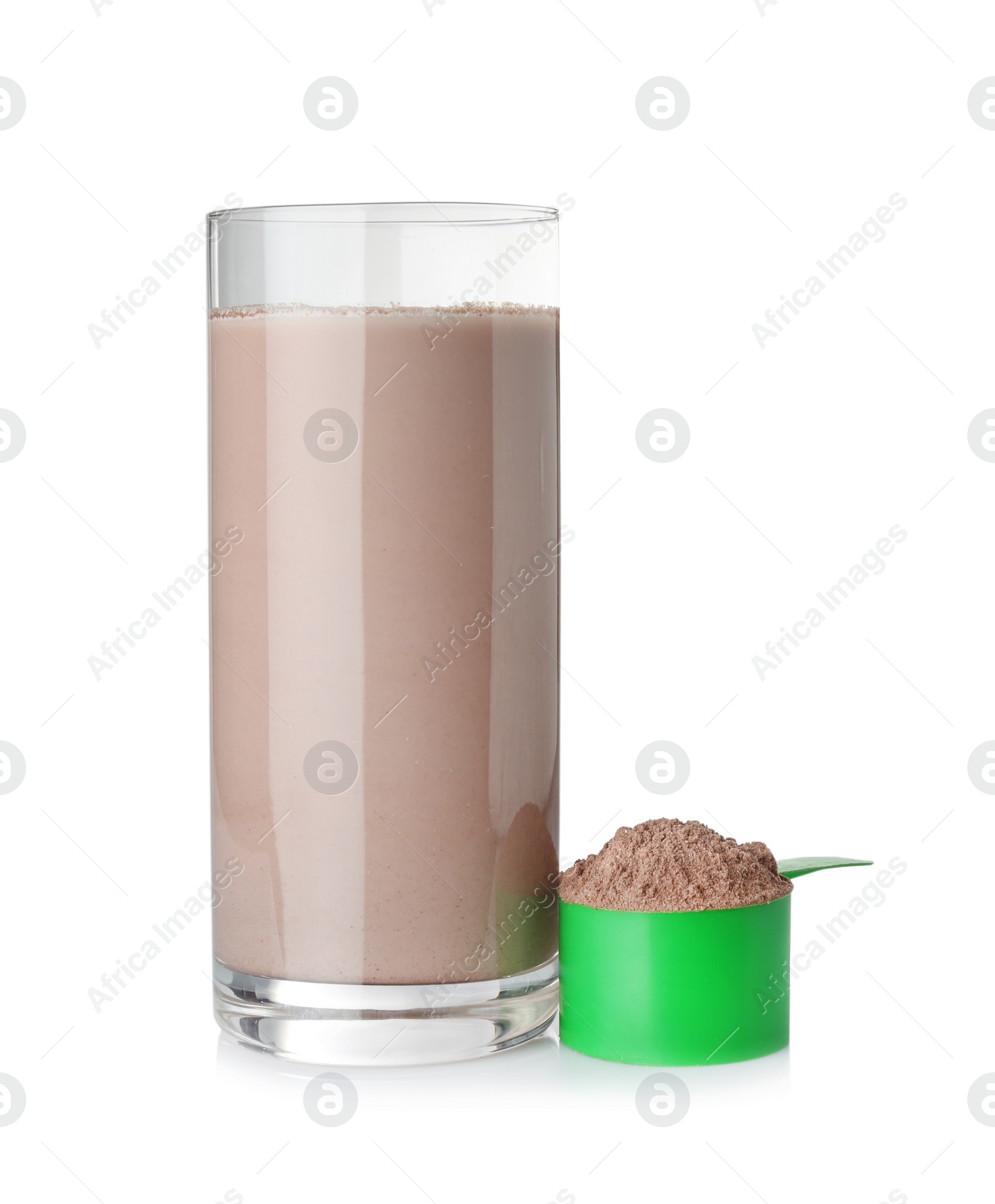 Photo of Protein shake in glass and scoop with powder isolated on white