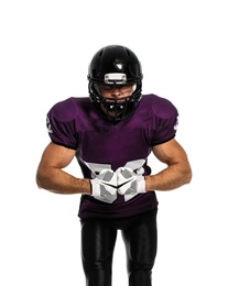 Photo of American football player wearing uniform on white background