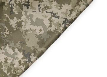 Camouflage fabric isolated on white, top view