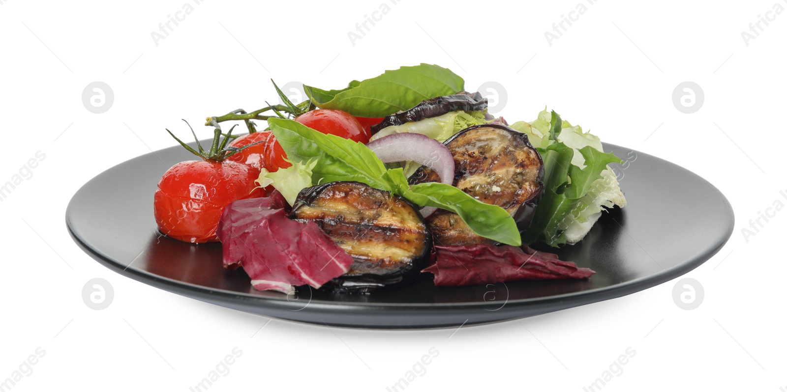 Photo of Delicious salad with roasted eggplant and basil isolated on white