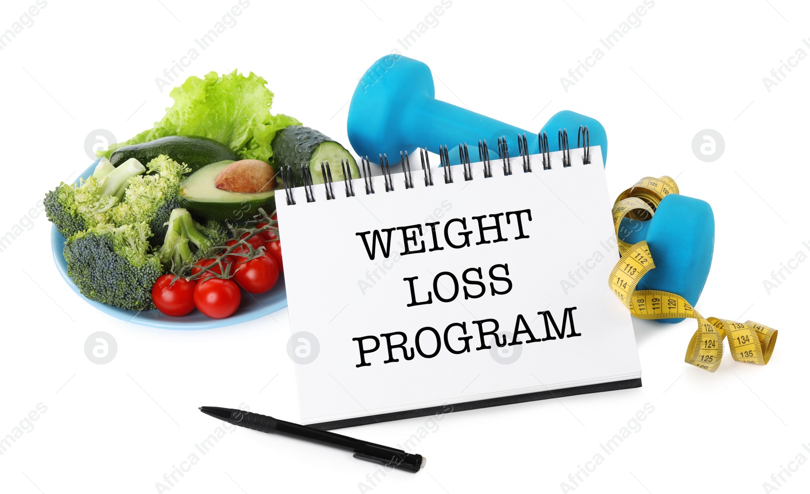 Photo of Notebook with phrase Weight Loss Program, dumbbells, measuring tape and products on white background