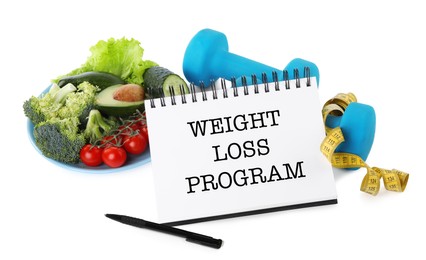 Photo of Notebook with phrase Weight Loss Program, dumbbells, measuring tape and products on white background