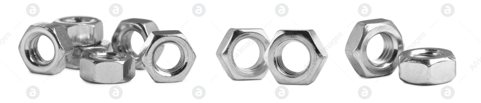 Image of Set with metal hex nuts on white background. Banner design