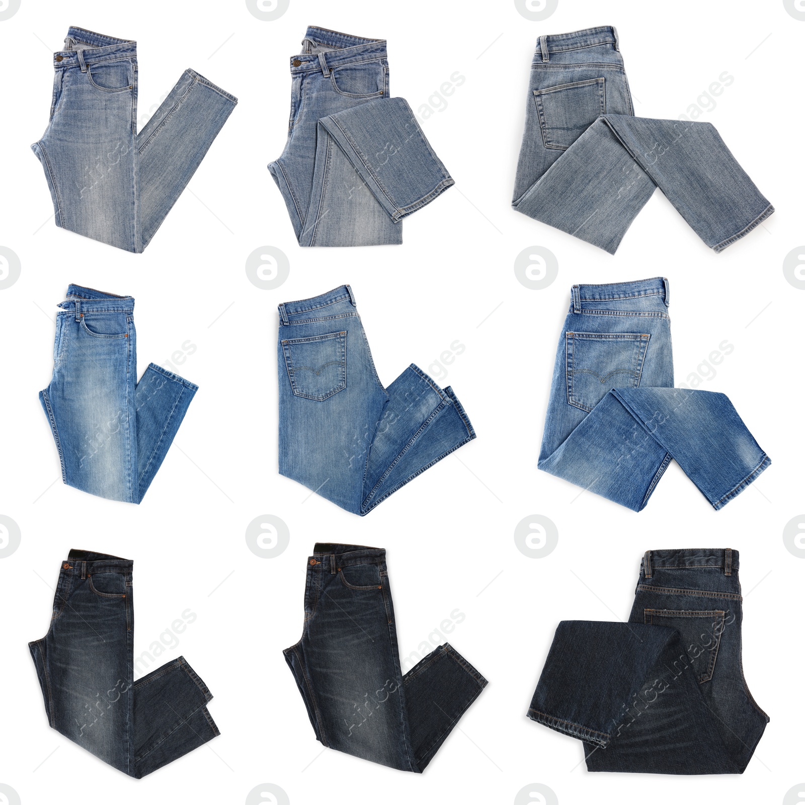 Image of Set with different jeans on white background, top view