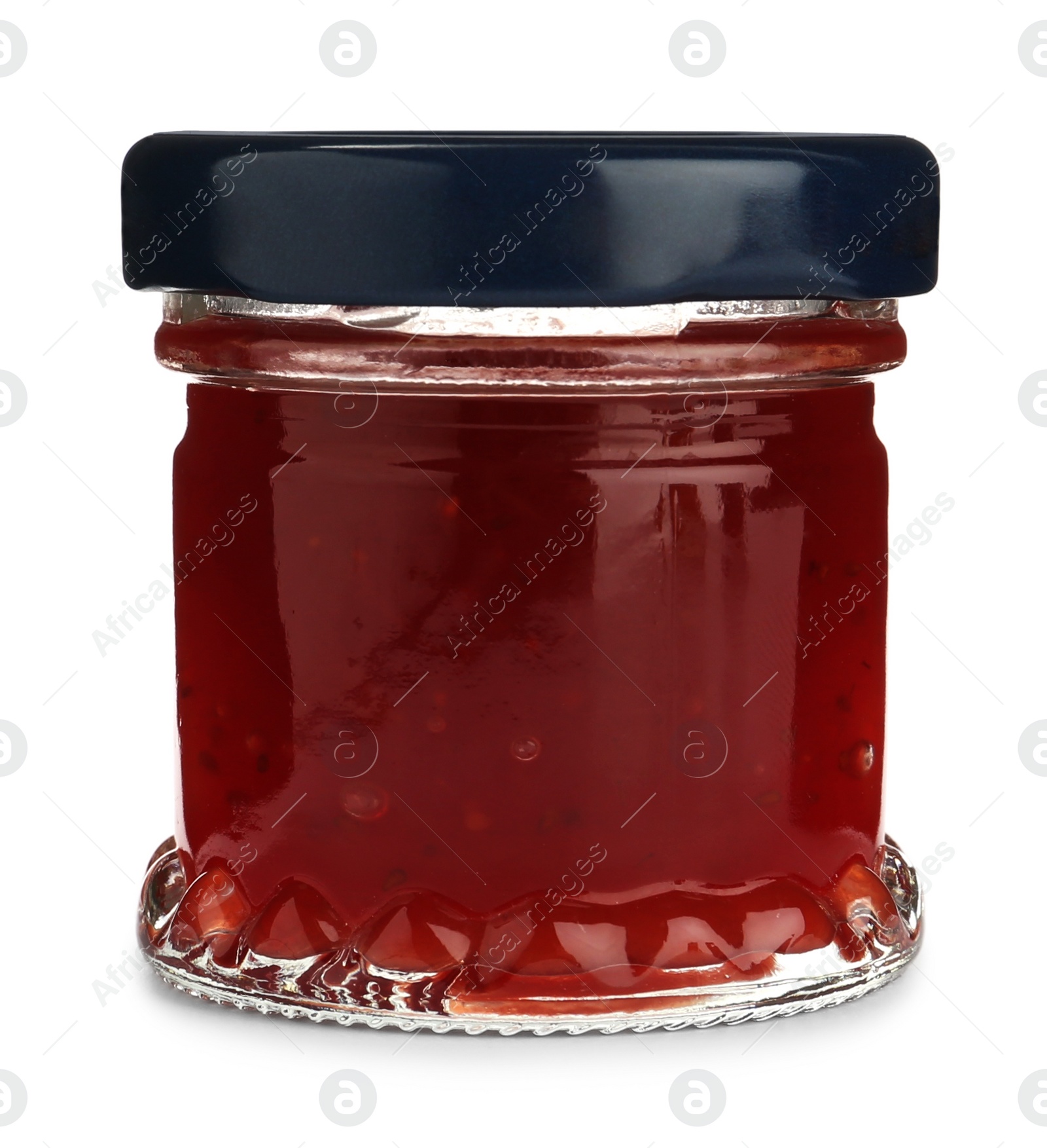 Photo of Glass jar with sweet jam isolated on white