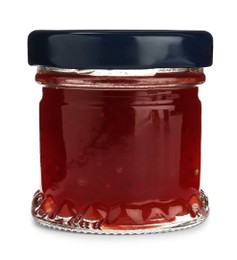 Photo of Glass jar with sweet jam isolated on white
