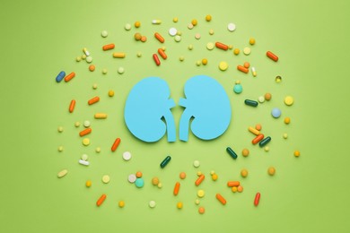 Paper cutout of kidneys and pills on green background, flat lay