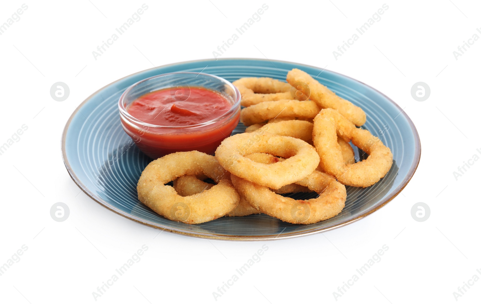 Photo of Delicious golden onion rings with ketchup isolated on white