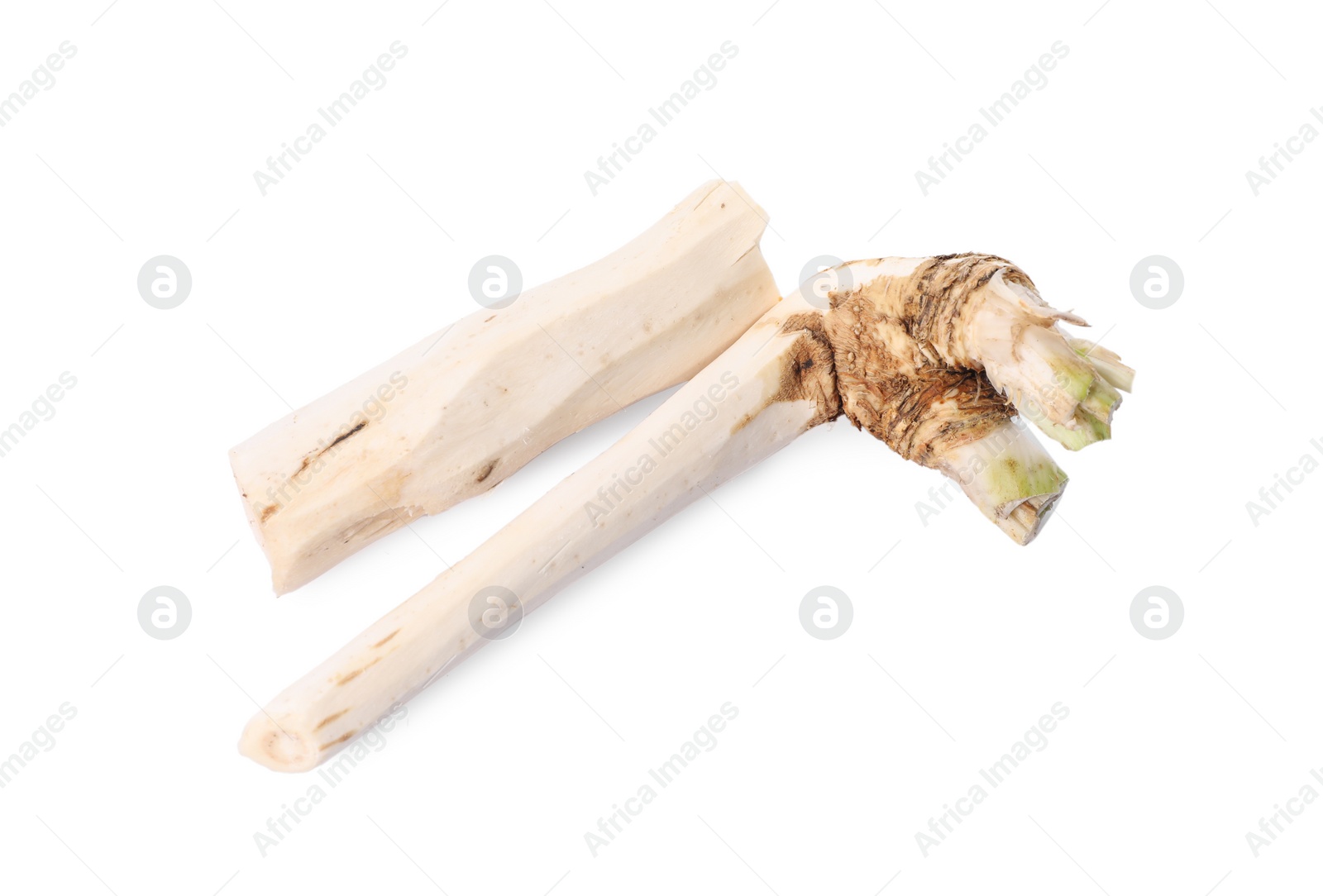 Photo of Fresh peeled horseradish roots isolated on white, top view