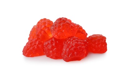 Photo of Pile of delicious gummy raspberry candies on white background