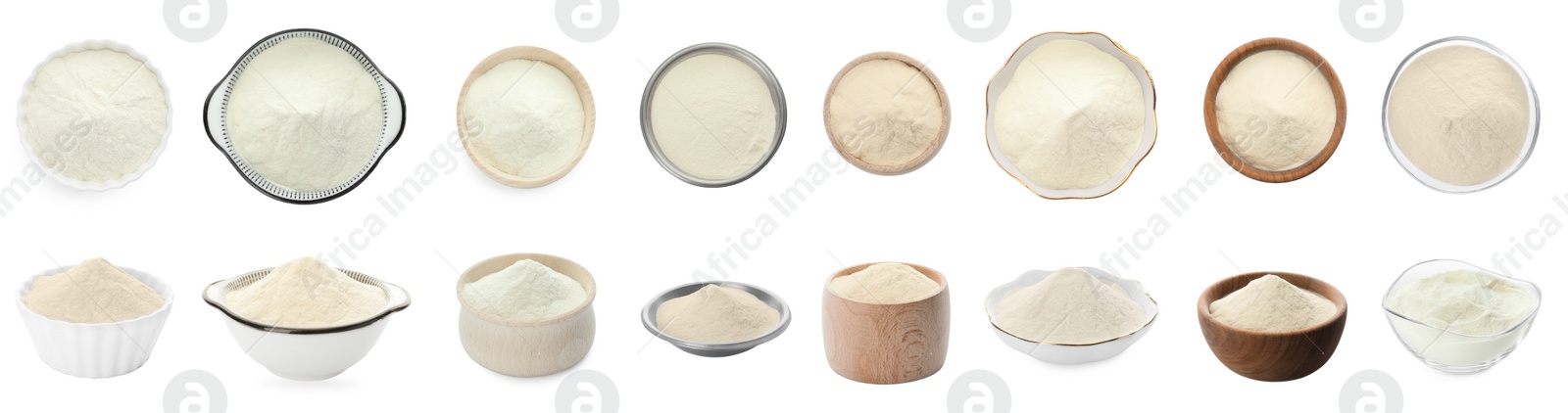 Image of Set with agar-agar powder in bowls isolated on white, top and side views