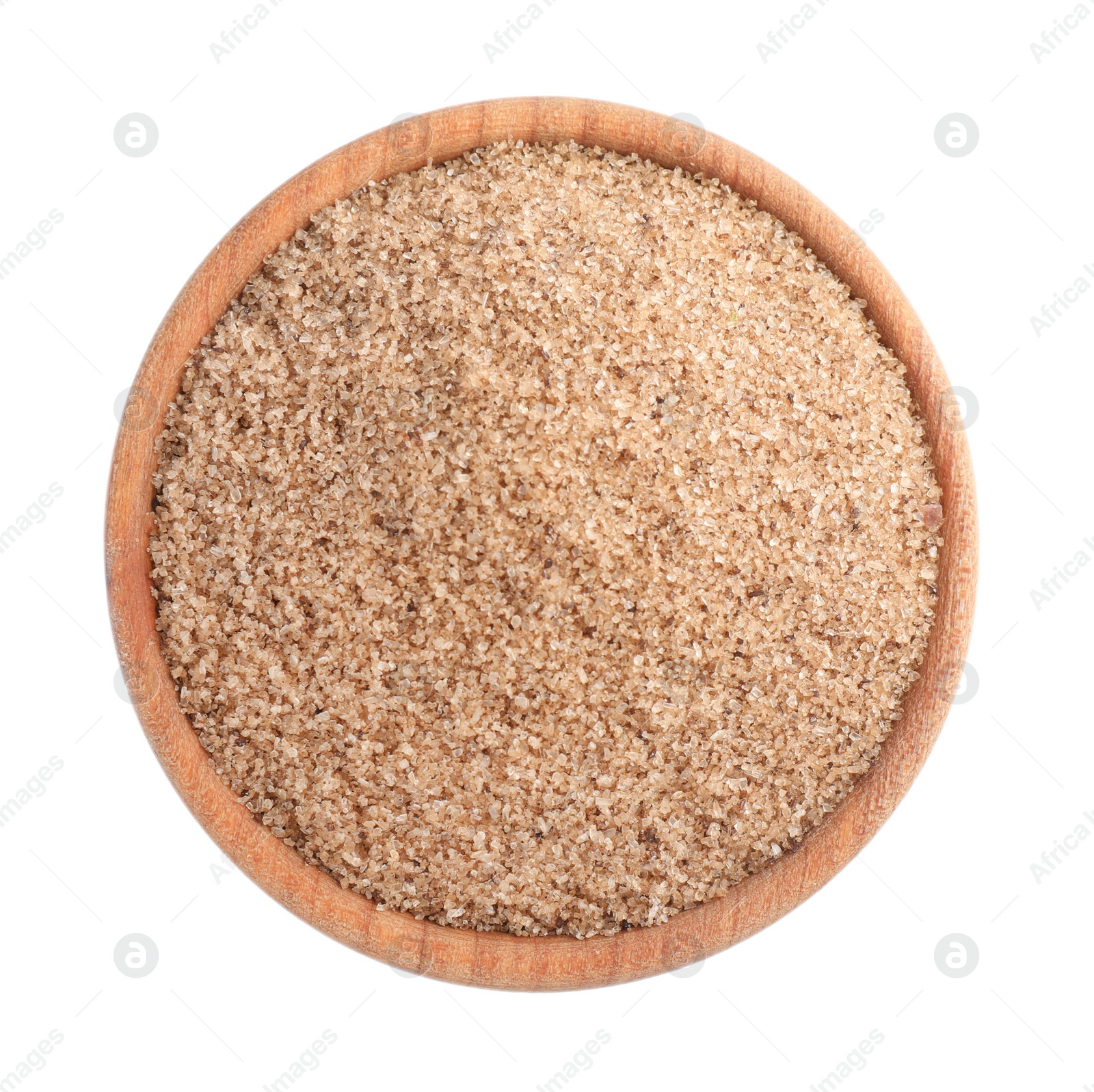 Photo of Brown salt in wooden bowl isolated on white, top view