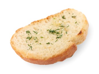 Photo of Piece of tasty baguette with dill isolated on white