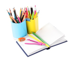 Set of colorful school stationery on white background