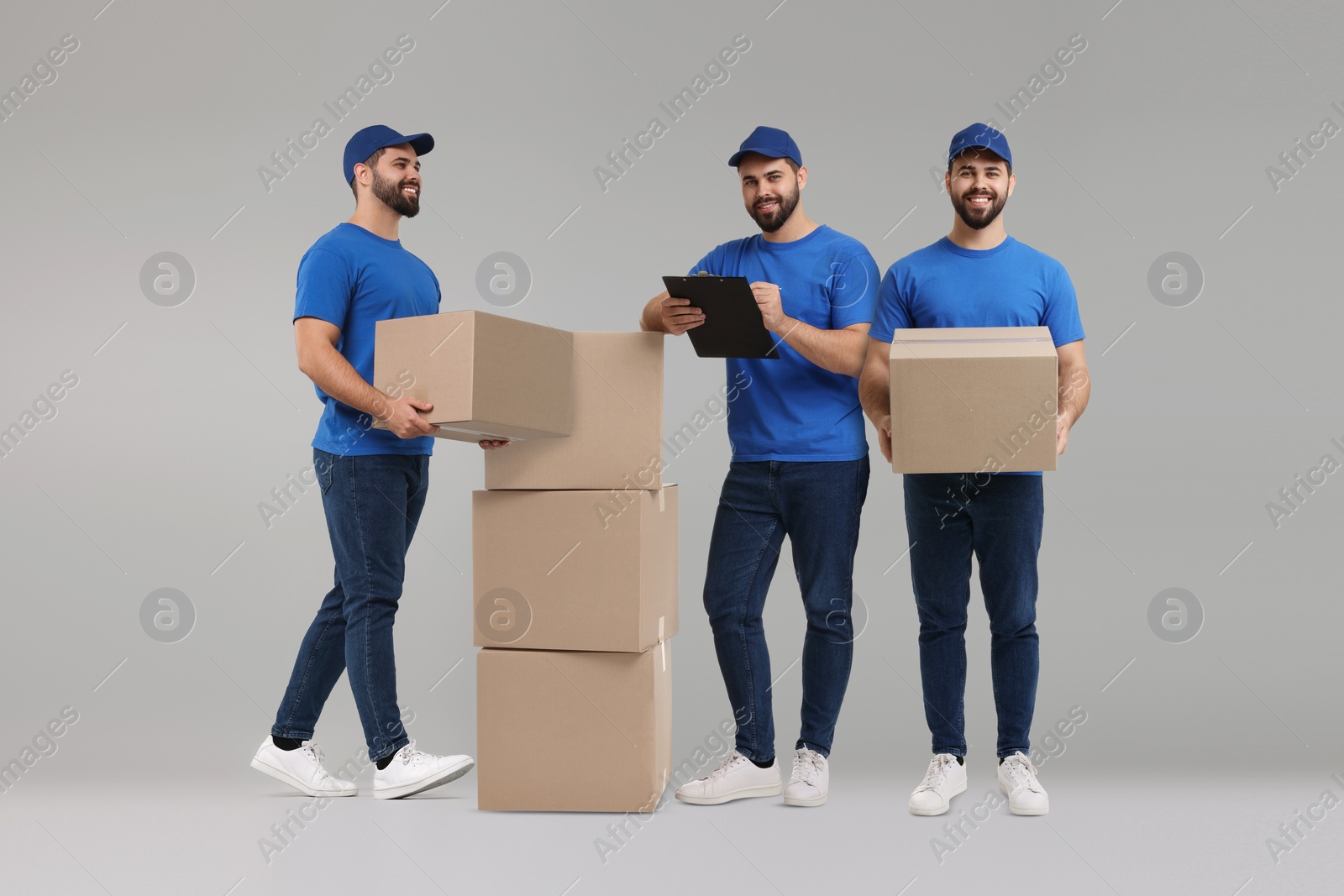 Image of Delivery service. Happy courier with cardboard boxes on light grey background, collage of photos