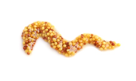 Delicious mustard beans on white background, top view. Spicy sauce