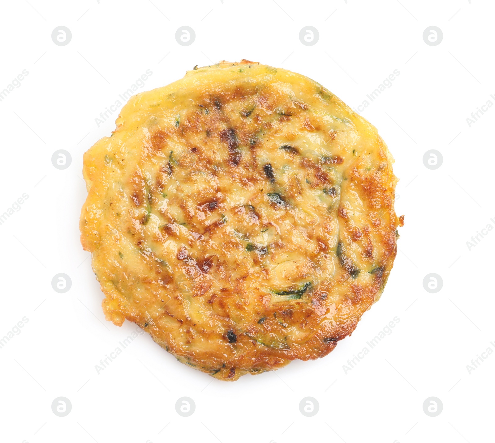 Photo of Delicious zucchini fritter isolated on white, top view