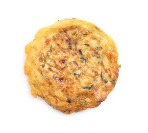 Delicious zucchini fritter isolated on white, top view