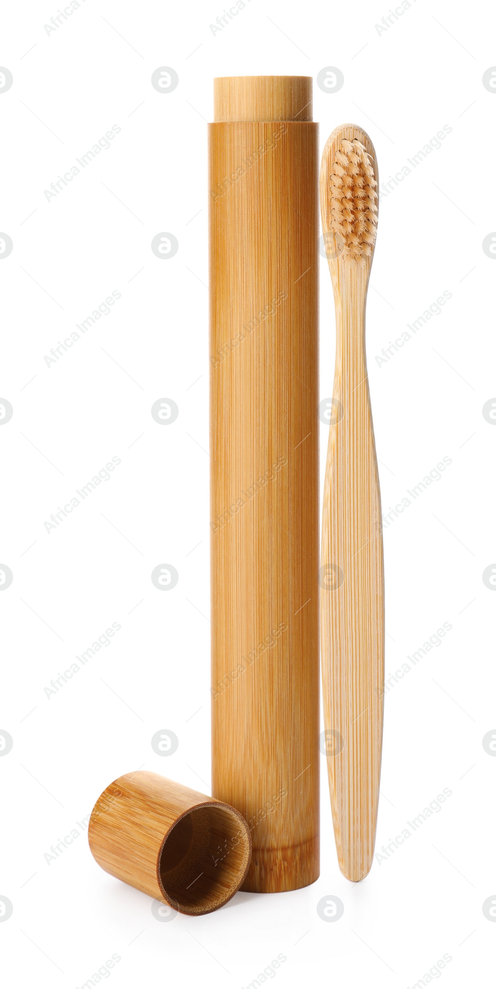 Photo of Bamboo toothbrush with case isolated on white. Conscious consumption