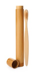Photo of Bamboo toothbrush with case isolated on white. Conscious consumption