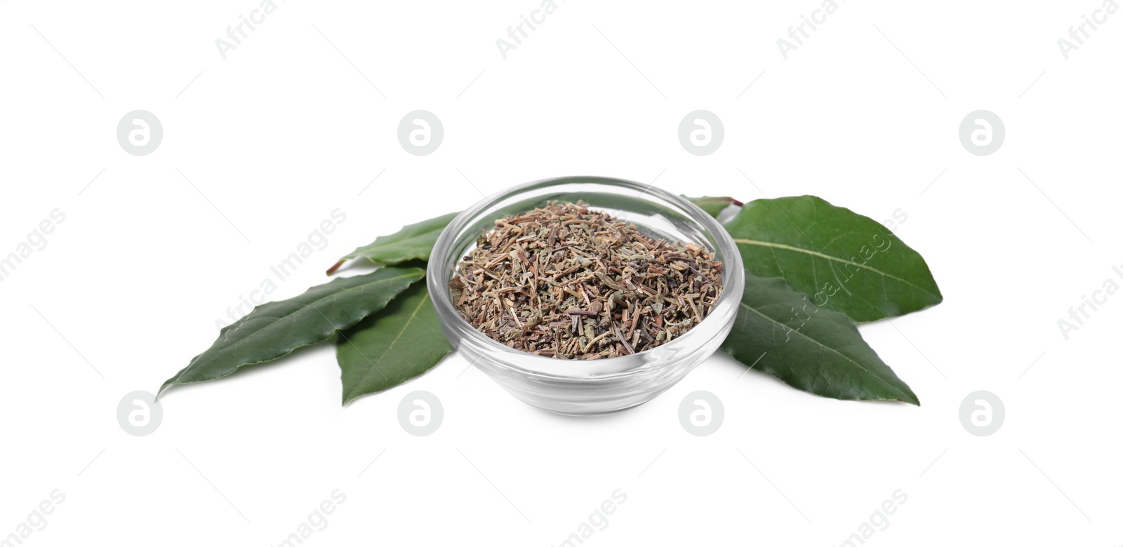 Photo of Bowl with different spices and fresh bay leaves on white background