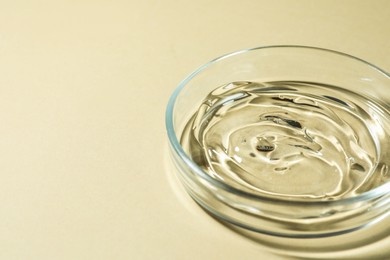 Photo of Petri dish with liquid on beige background, closeup. Space for text