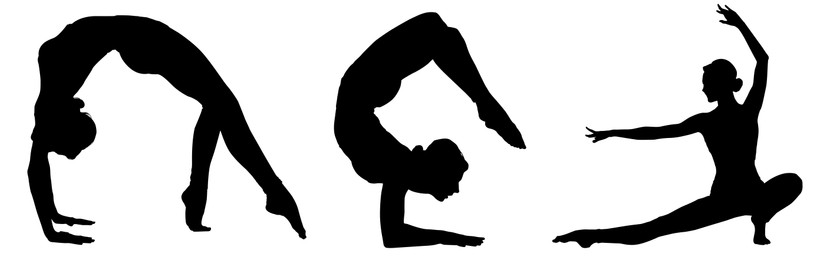 Silhouettes of professional gymnasts exercising on white background