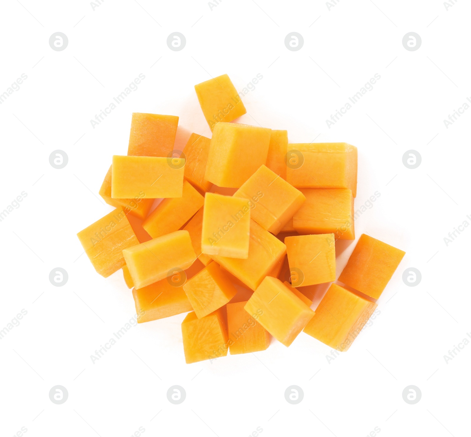 Photo of Cubes of fresh ripe carrot isolated on white, top view