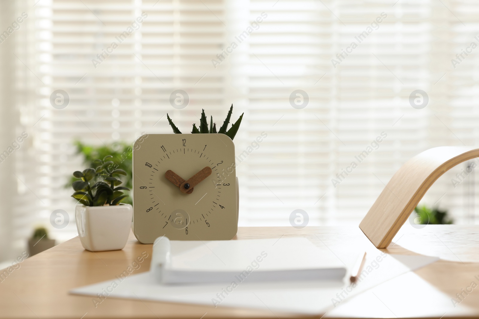 Photo of Notebook, clock and houseplants on table indoors