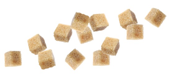 Image of Flying cubes of brown sugar on white background. Banner design