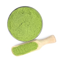 Bowl and scoop with green matcha powder isolated on white, top view