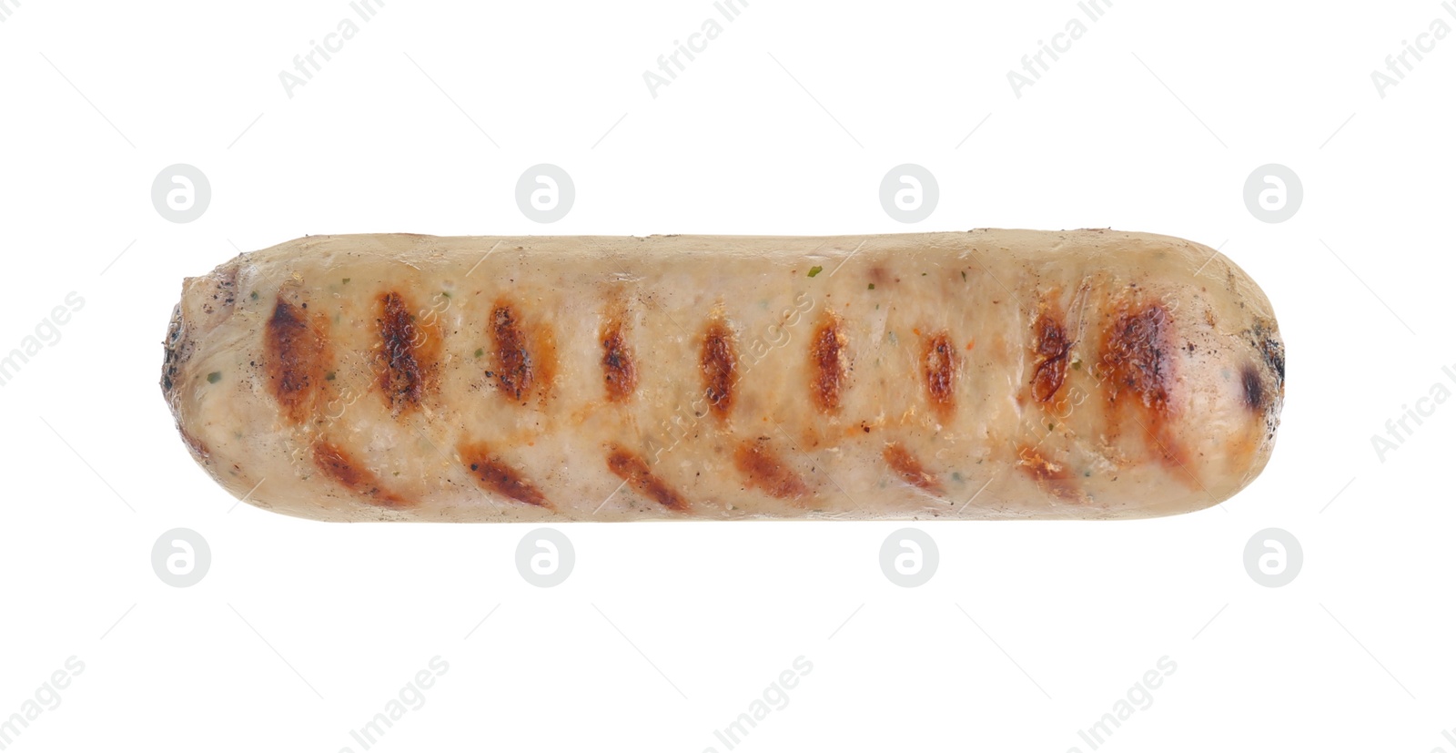 Photo of Fork with tasty grilled sausage isolated on white