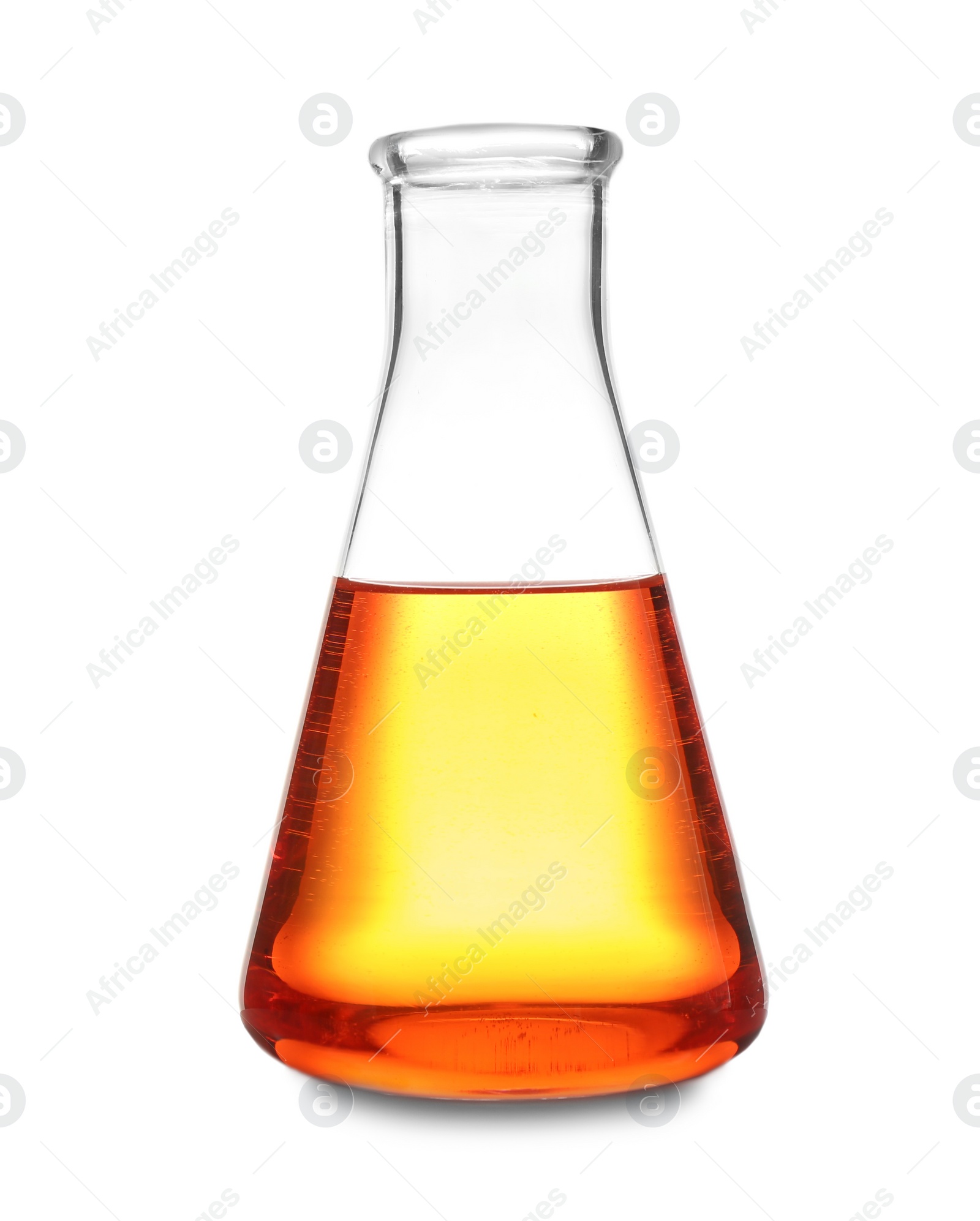 Photo of Laboratory glassware with color sample on white background. Solution chemistry