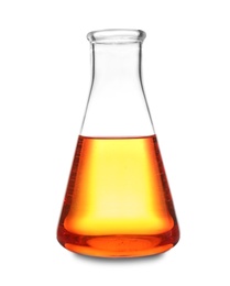 Photo of Laboratory glassware with color sample on white background. Solution chemistry