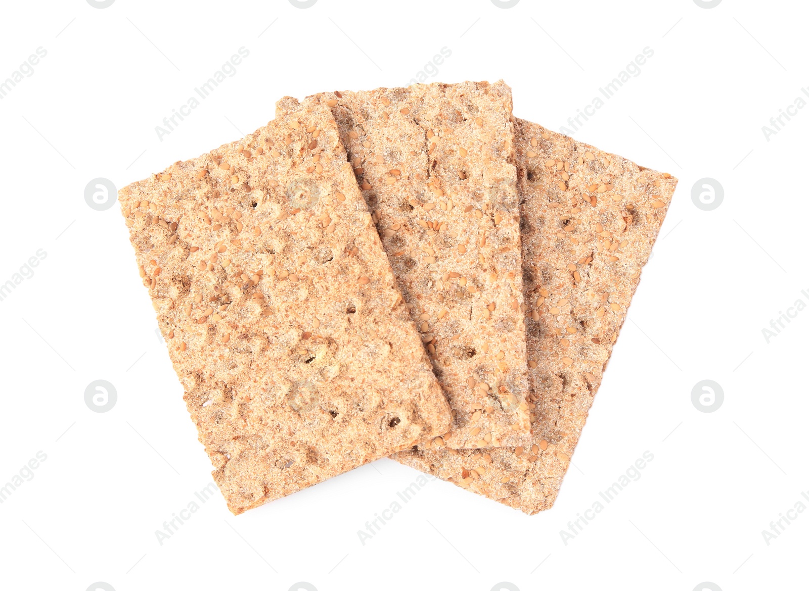 Photo of Fresh crunchy crispbreads on white background, top view