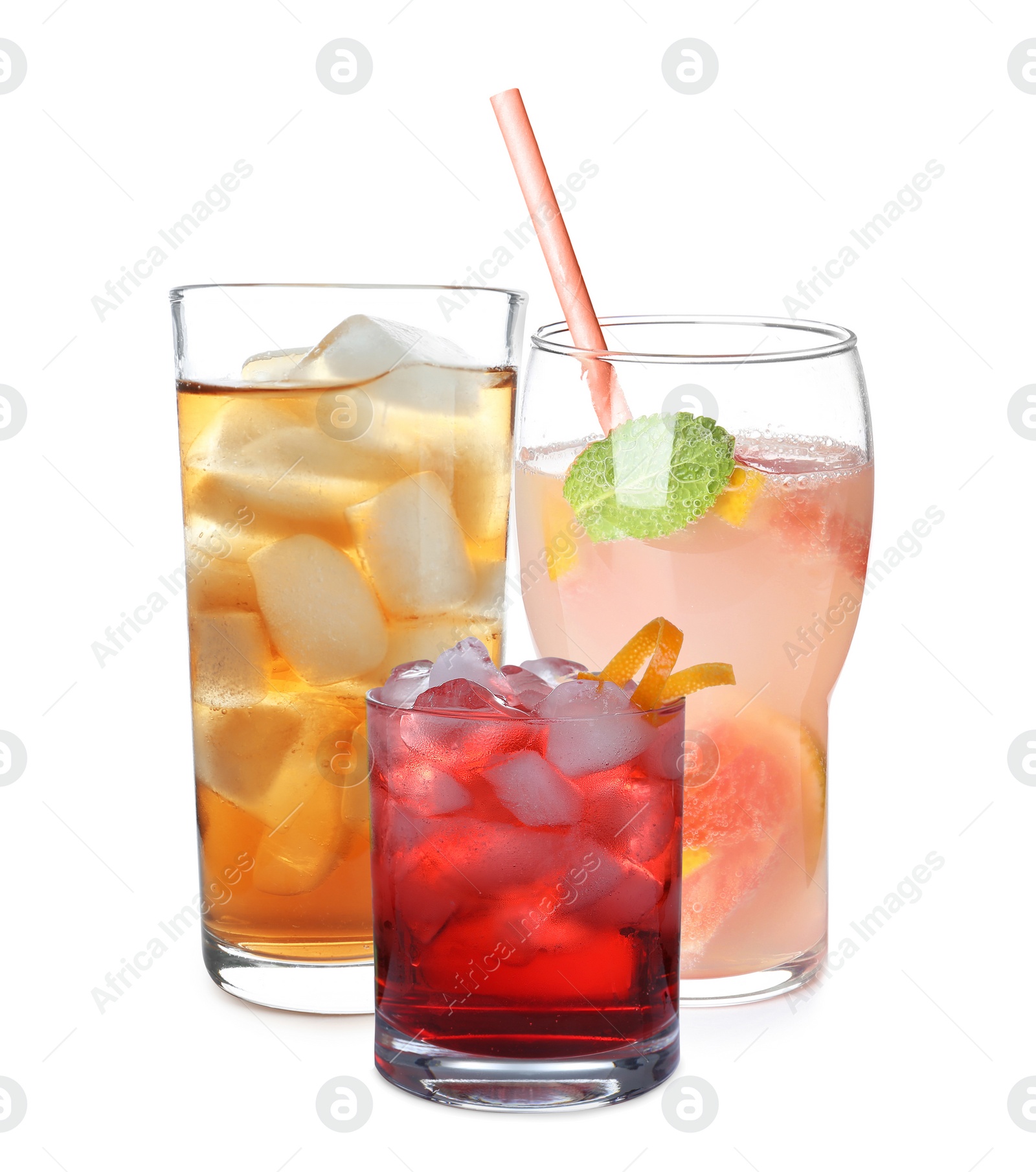 Image of Set of different soft and strong refreshing drinks on white background