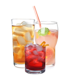 Set of different soft and strong refreshing drinks on white background
