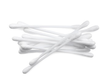 Photo of Plastic cotton buds on white background, top view