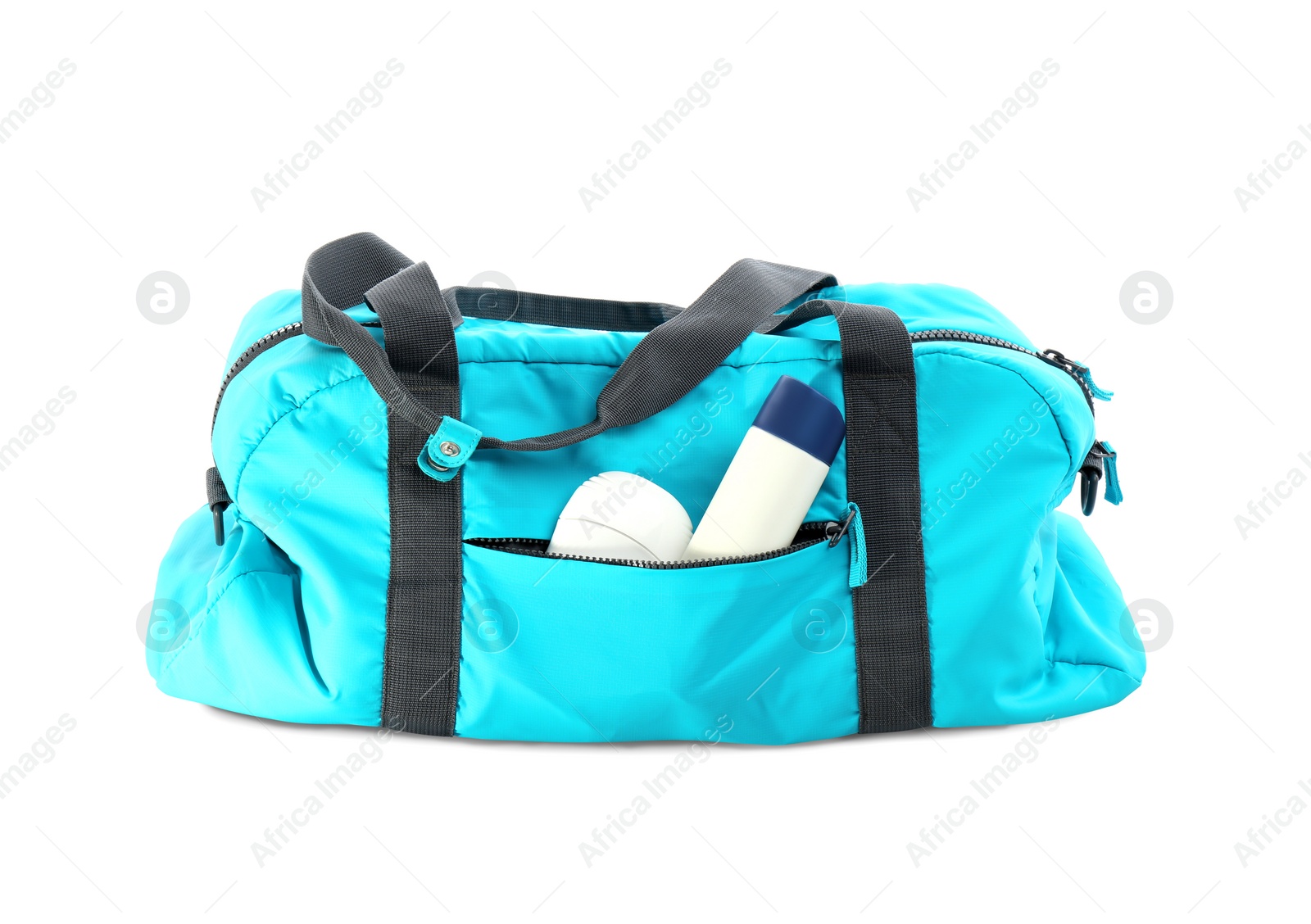 Photo of Sport bag with deodorants on white background