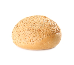 Photo of Bun with sesame seeds isolated on white. Fresh bread