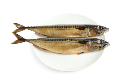 Plate with tasty smoked fish isolated on white