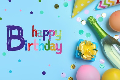 Image of Happy Birthday! Flat lay composition with decor and bottle of sparkling wine on light blue background 
