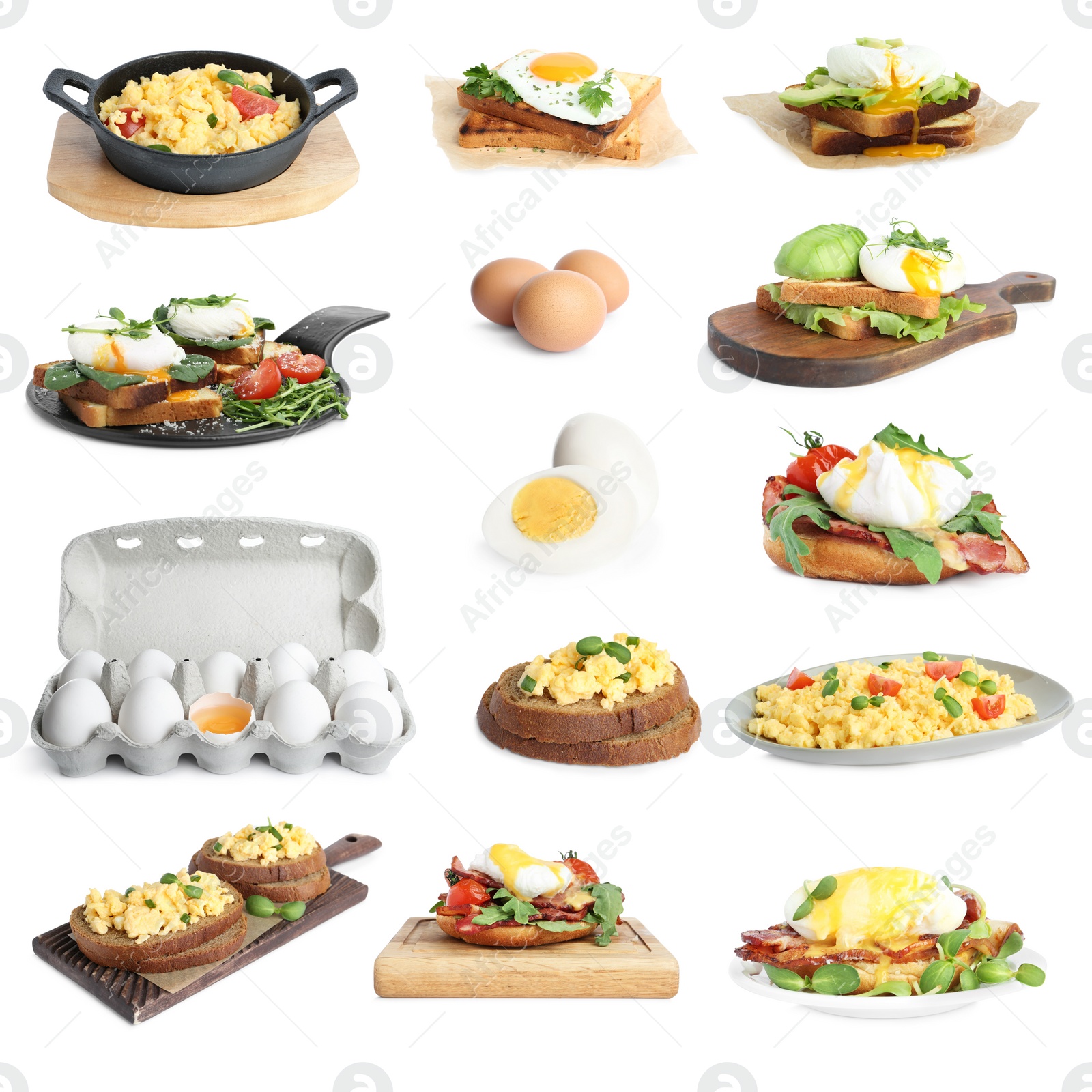 Image of Set of different egg dishes on white background