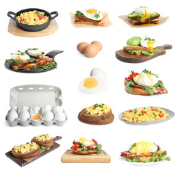 Set of different egg dishes on white background