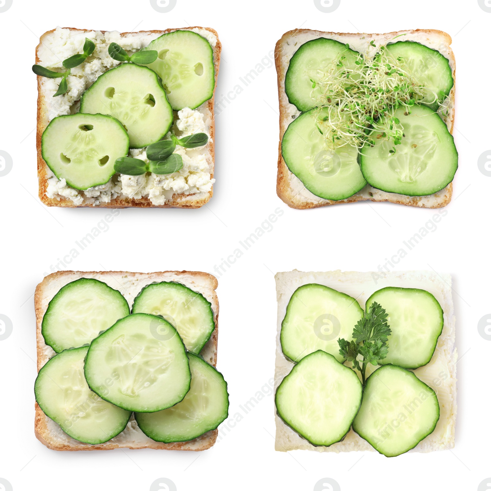 Image of Collage with tasty cucumber sandwiches on white background, top view