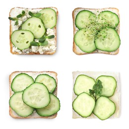 Image of Collage with tasty cucumber sandwiches on white background, top view