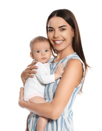 Photo of Portrait of happy mother with her baby isolated on white